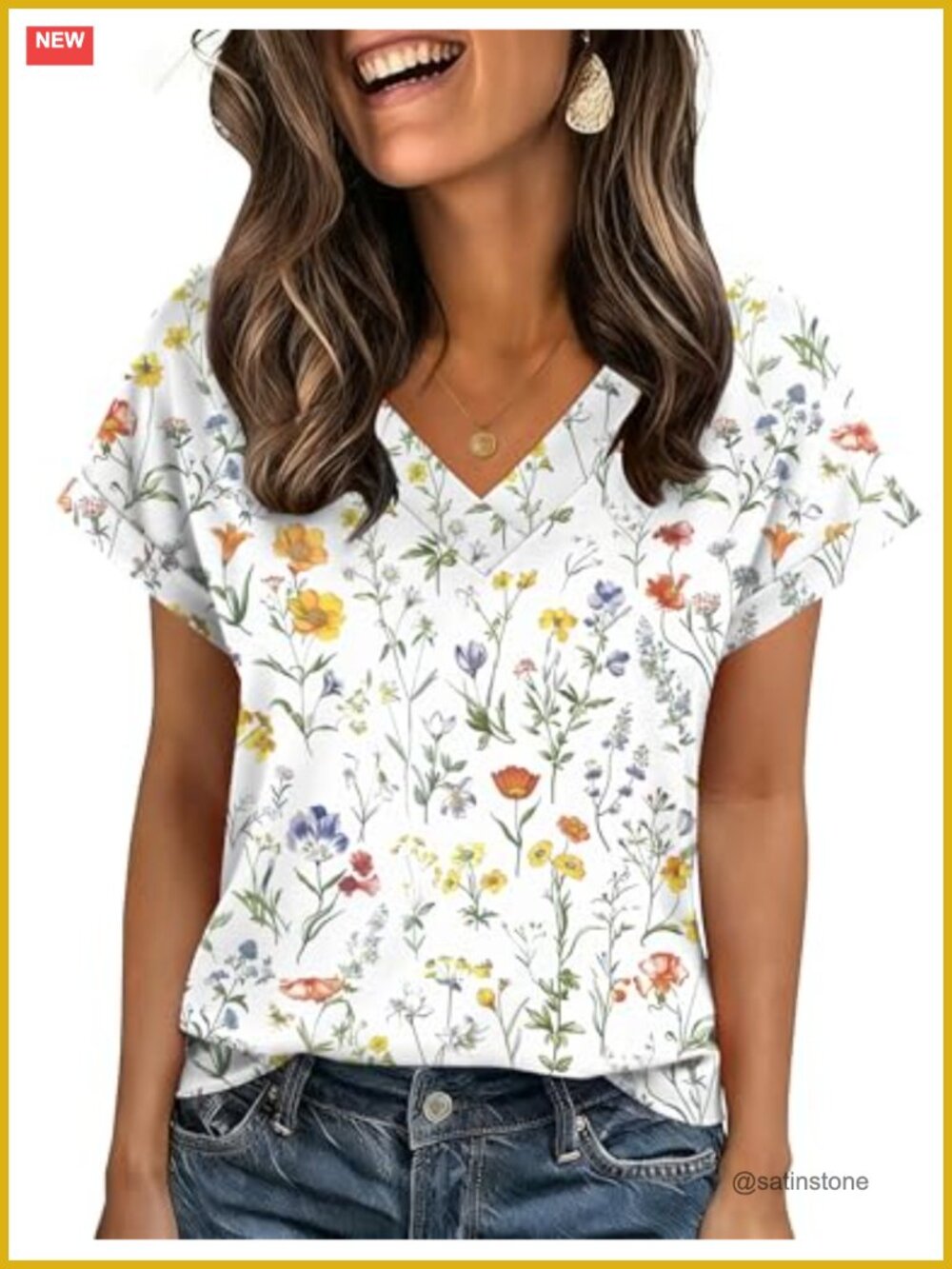 Women's V-Neck Rolled Sleeve Floral Print Short Sleeve Tee